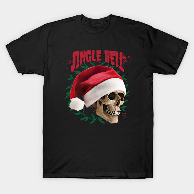 Jingle Hell Christmas Santa Hat Skeleton T-Shirt by Kelleh Co. 